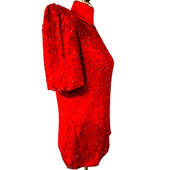 Vintage Laurence Kazar red silk top with beaded design Size S short sleeves - Picture 2 of 13